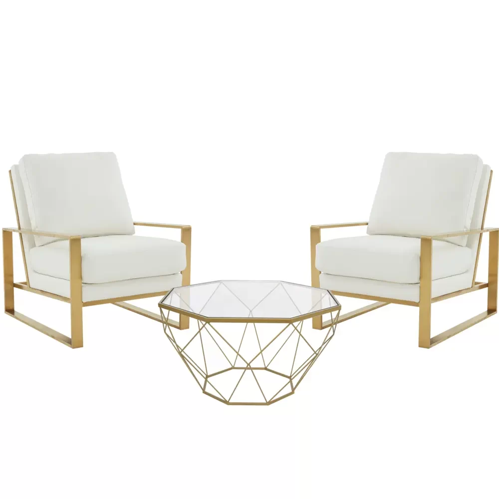 Leather Armchair with Gold Frame and Large Octagon Coffee Table