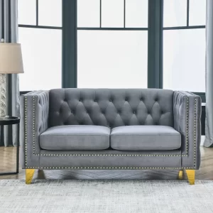 {Contact us for 3D modeling} Velvet Sofa for Living Room,Buttons Tufted Square Arm Couch, Modern Couch Upholstered Button and Metal Legs, Sofa Couch for Bedroom, Grey Velvet-2S