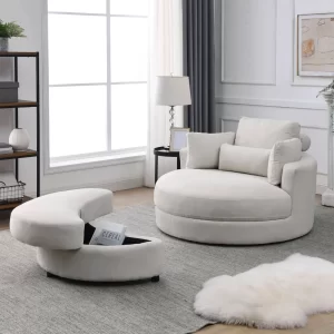 Swivel Accent Barrel Modern Sofa Lounge Club Big Round Chair with Storage Ottoman Linen Fabric for Living Room Hotel with Pillows