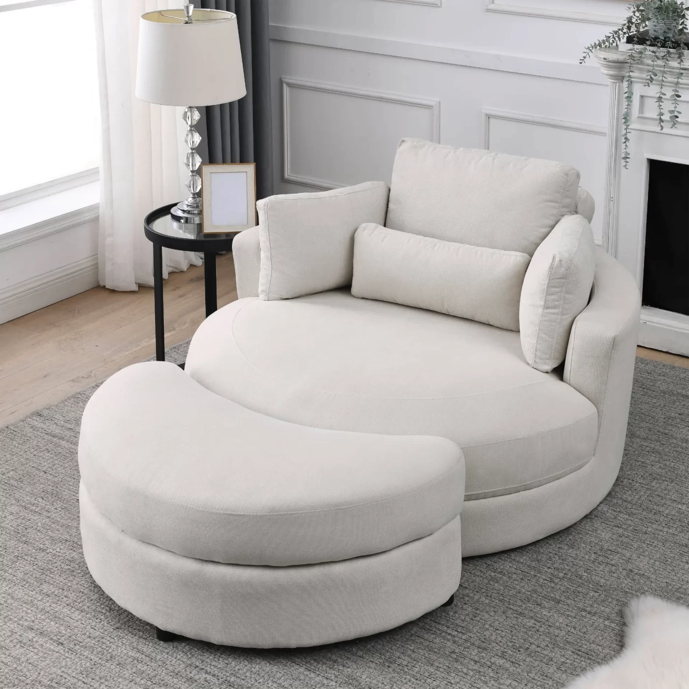Swivel Accent Barrel Modern Sofa Lounge Club Big Round Chair with Storage Ottoman Linen Fabric for Living Room Hotel with Pillows
