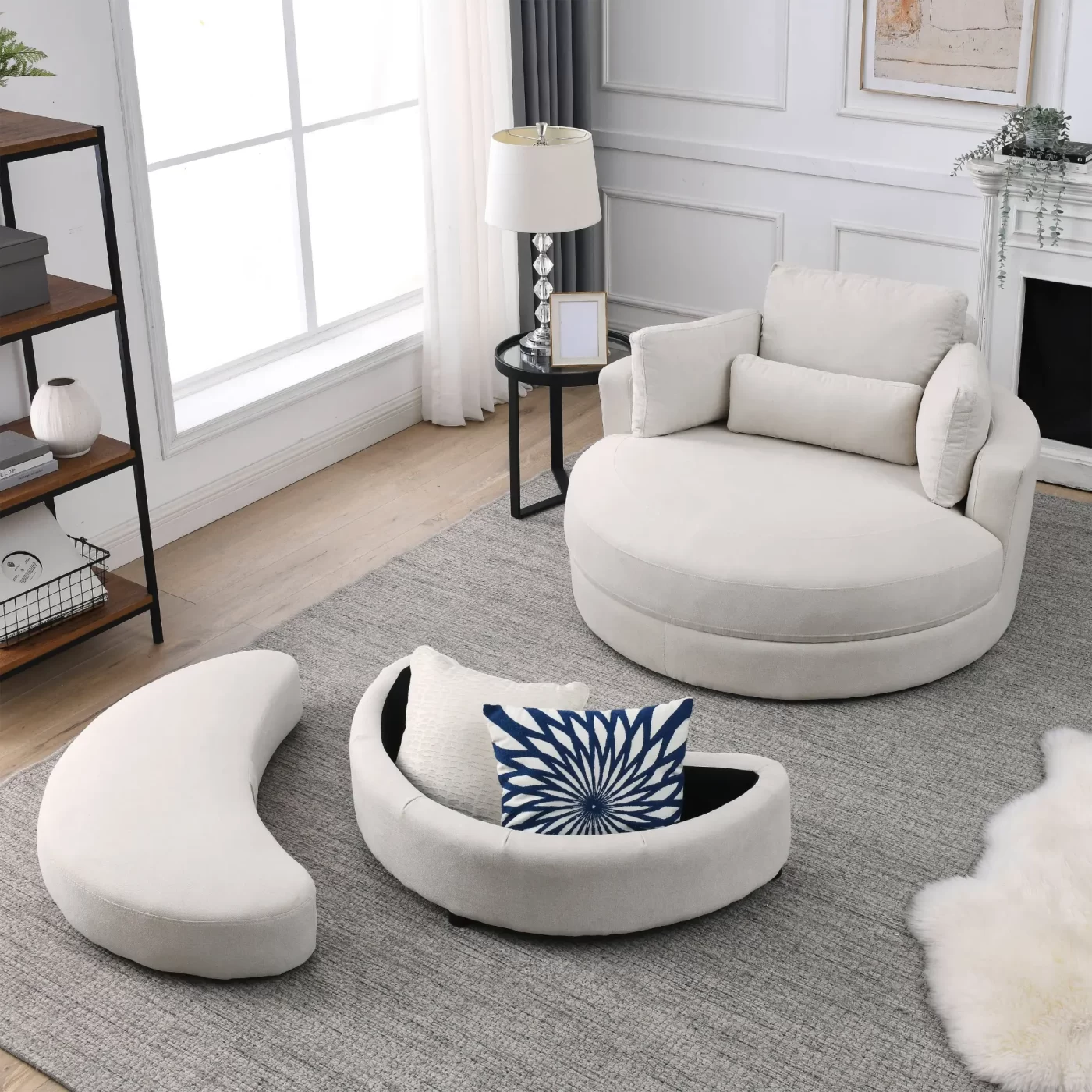 Swivel Accent Barrel Modern Sofa Lounge Club Big Round Chair with Storage Ottoman Linen Fabric for Living Room Hotel with Pillows