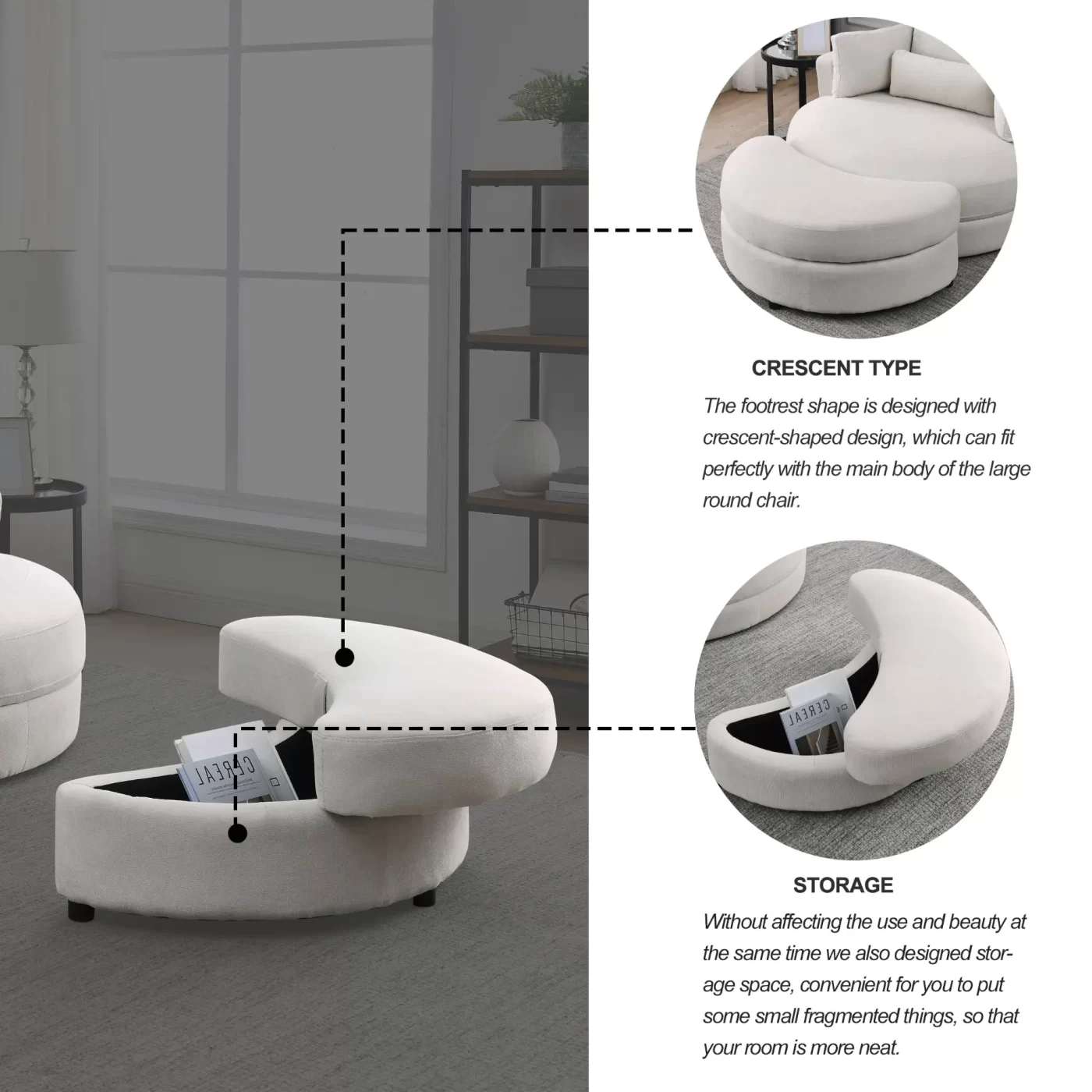 Swivel Accent Barrel Modern Sofa Lounge Club Big Round Chair with Storage Ottoman Linen Fabric for Living Room Hotel with Pillows
