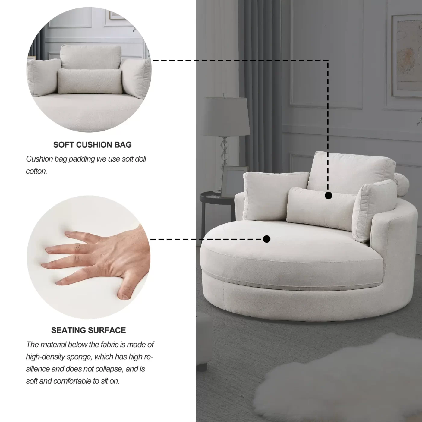 Swivel Accent Barrel Modern Sofa Lounge Club Big Round Chair with Storage Ottoman Linen Fabric for Living Room Hotel with Pillows