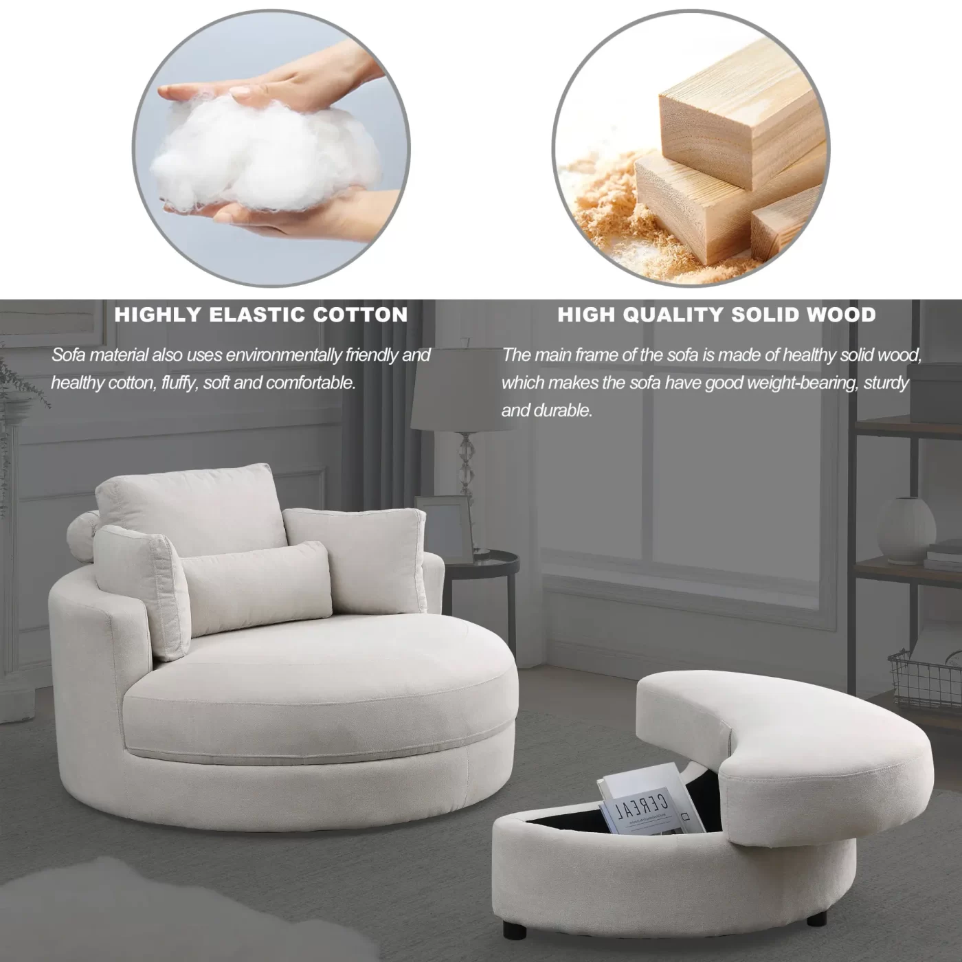 Swivel Accent Barrel Modern Sofa Lounge Club Big Round Chair with Storage Ottoman Linen Fabric for Living Room Hotel with Pillows
