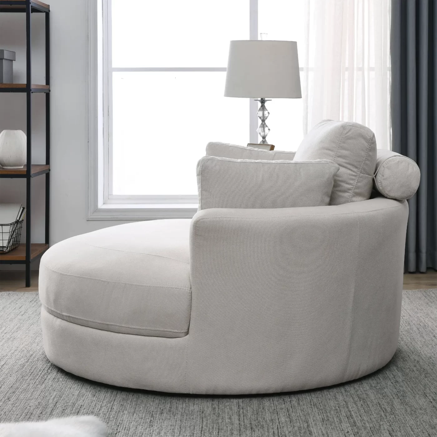 Swivel Accent Barrel Modern Sofa Lounge Club Big Round Chair with Storage Ottoman Linen Fabric for Living Room Hotel with Pillows