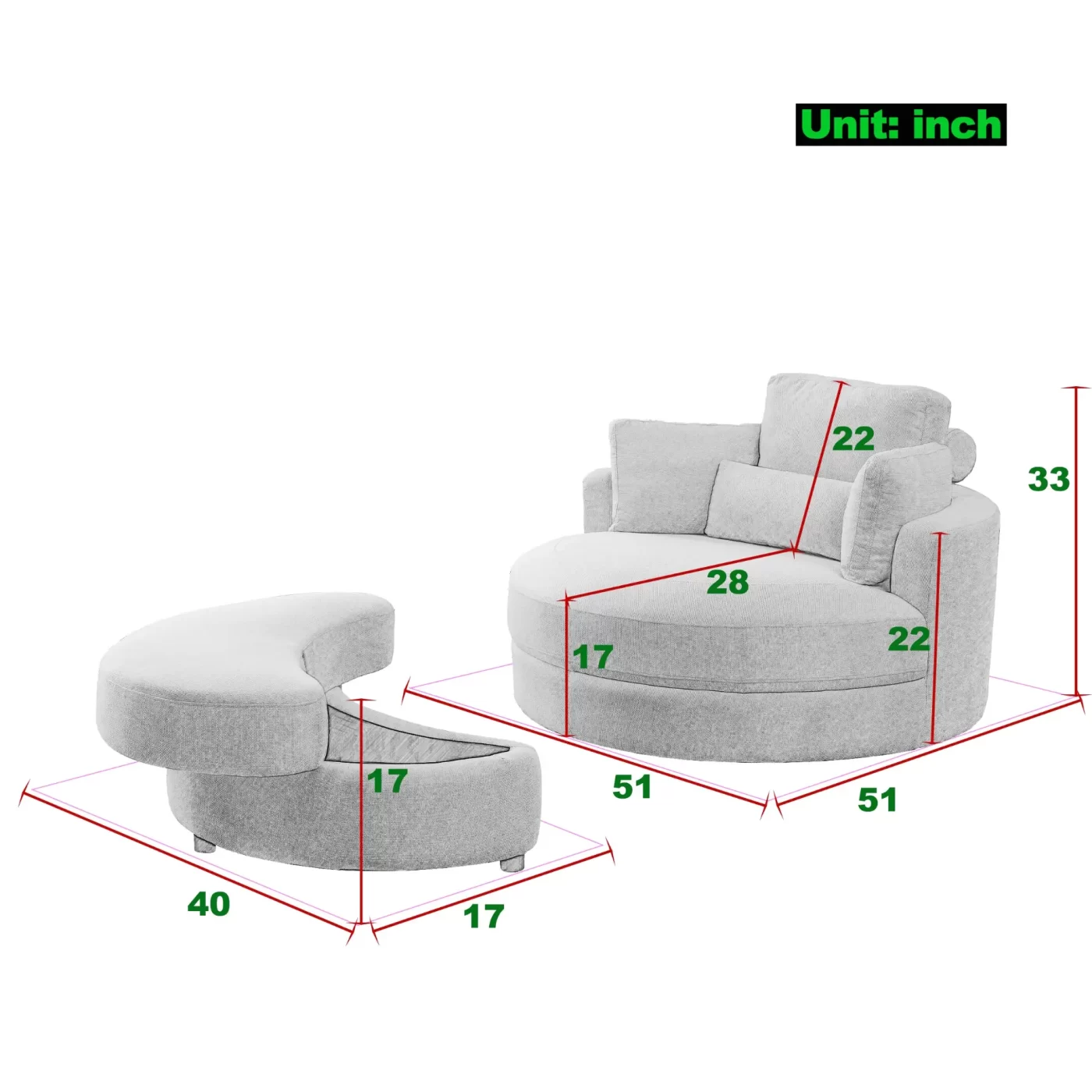 Swivel Accent Barrel Modern Sofa Lounge Club Big Round Chair with Storage Ottoman Linen Fabric for Living Room Hotel with Pillows