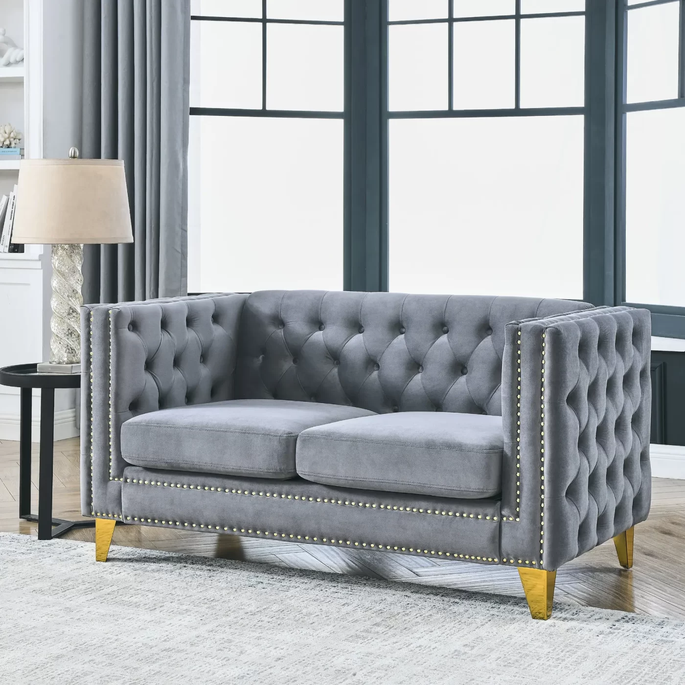 {Contact us for 3D modeling} Velvet Sofa for Living Room,Buttons Tufted Square Arm Couch, Modern Couch Upholstered Button and Metal Legs, Sofa Couch for Bedroom, Grey Velvet-2S