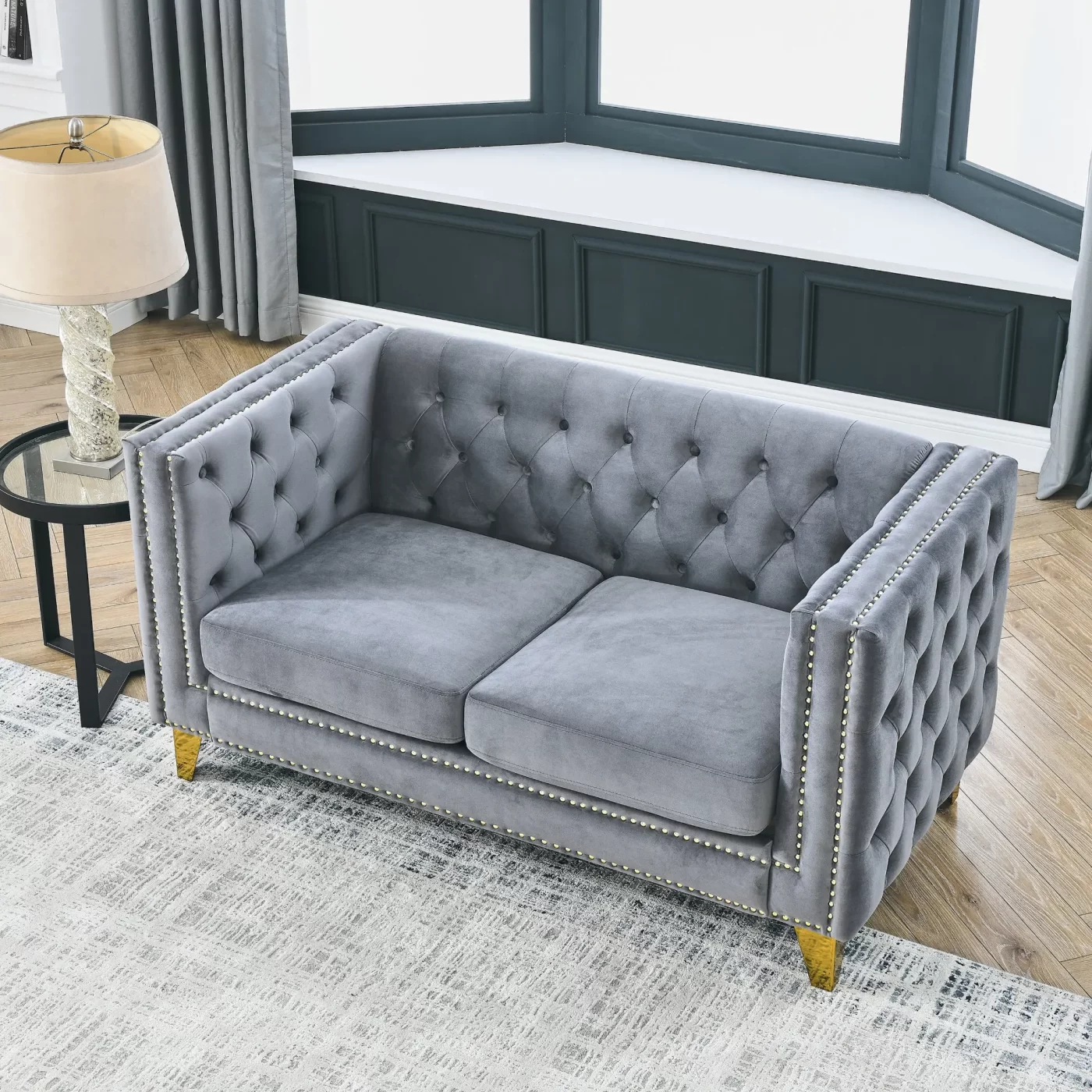 {Contact us for 3D modeling} Velvet Sofa for Living Room,Buttons Tufted Square Arm Couch, Modern Couch Upholstered Button and Metal Legs, Sofa Couch for Bedroom, Grey Velvet-2S