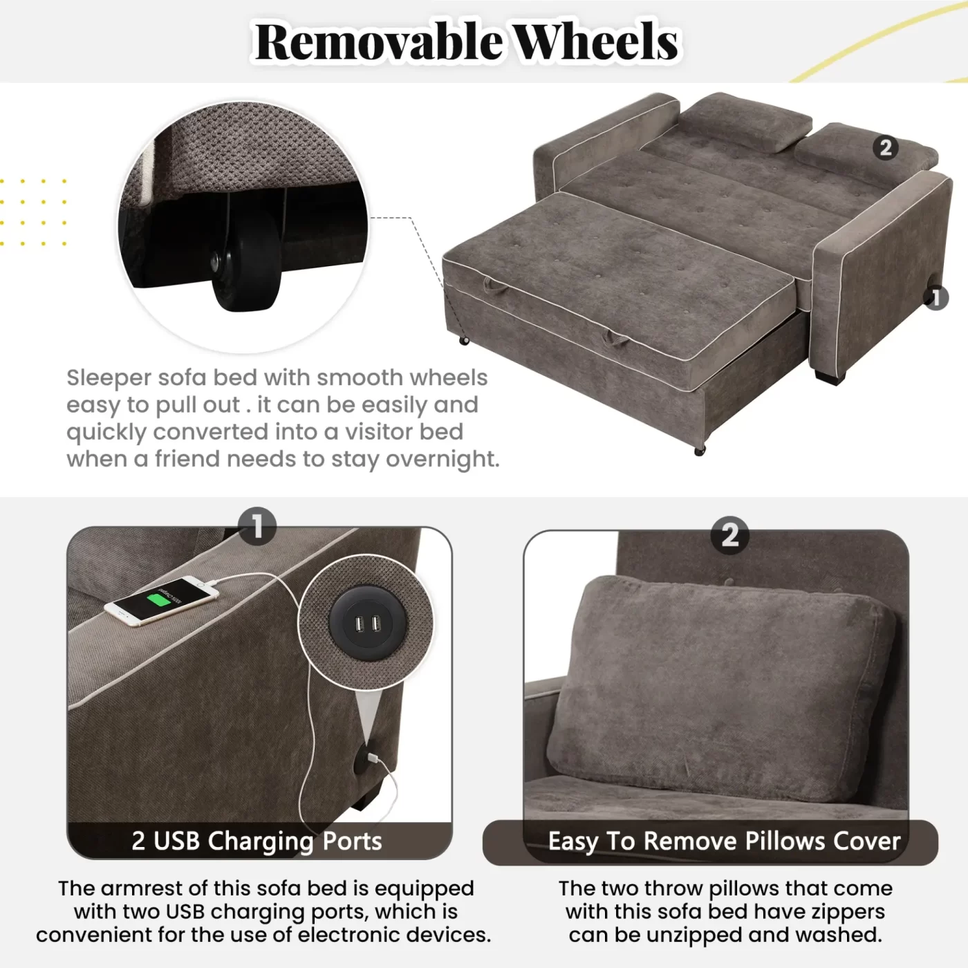 65.7" Linen Upholstered Sleeper Bed , Pull Out Sofa Bed Couch attached two throw pillows,Dual USB Charging Port and Adjustable Backrest for Living Room Space,BROWN GRAY