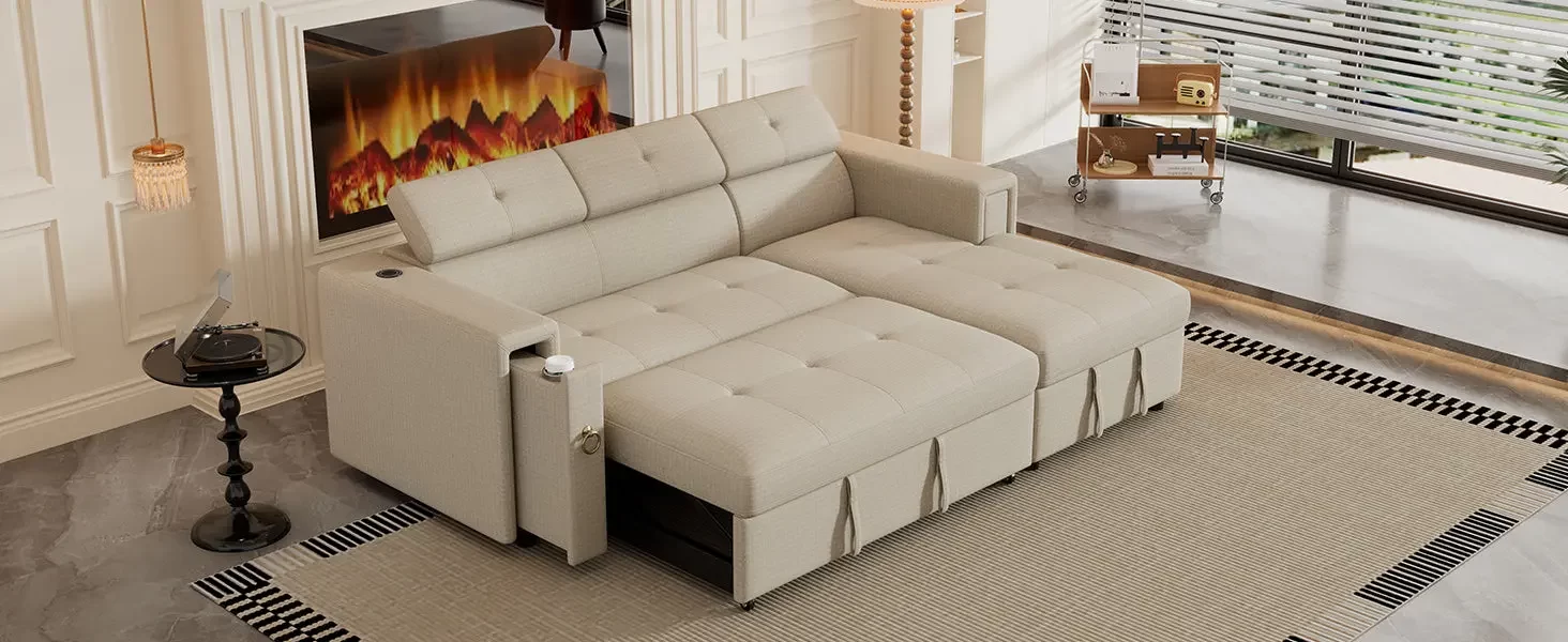 96" Multi-Functional Pull-Out Sofa Bed L-Shape Sectional Sofa with Adjustable Headrest, Wireless Charging, Cup Holders and Hidden Storage for Living Room, Bedroom, Office, Beige