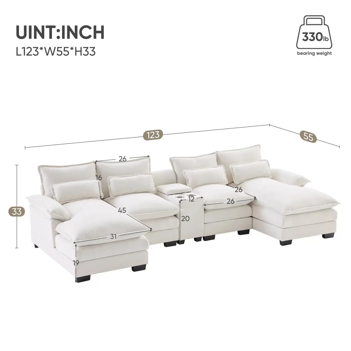 123*55" Modern U-shaped Sofa with Console,Cupholders and USB Ports,6-seat Upholstered Symmetrical Indoor Furniture,Sleeper Couch Set with Chaise for Living Room,Apartment,2 Colors