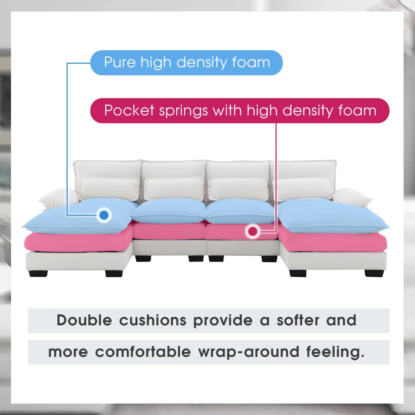 109.8*55.9" Modern U-shaped Sectional Sofa with Waist Pillows,6-seat Upholstered Symmetrical Sofa Furniture,Sleeper Sofa Couch with Chaise Lounge for Living Room,Apartment,2 Color