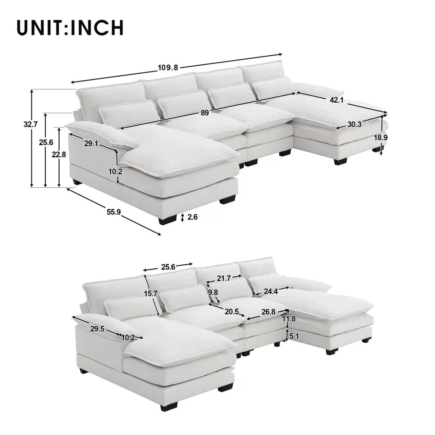 109.8*55.9" Modern U-shaped Sectional Sofa with Waist Pillows,6-seat Upholstered Symmetrical Sofa Furniture,Sleeper Sofa Couch with Chaise Lounge for Living Room,Apartment,2 Color