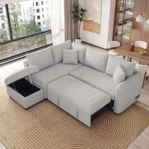 82.6" L-shaped Sectional Pull Out Sofa Bed Sleeper Sofa with Two USB Ports, Two Power Sockets and a Movable Storage Ottoman, Gray