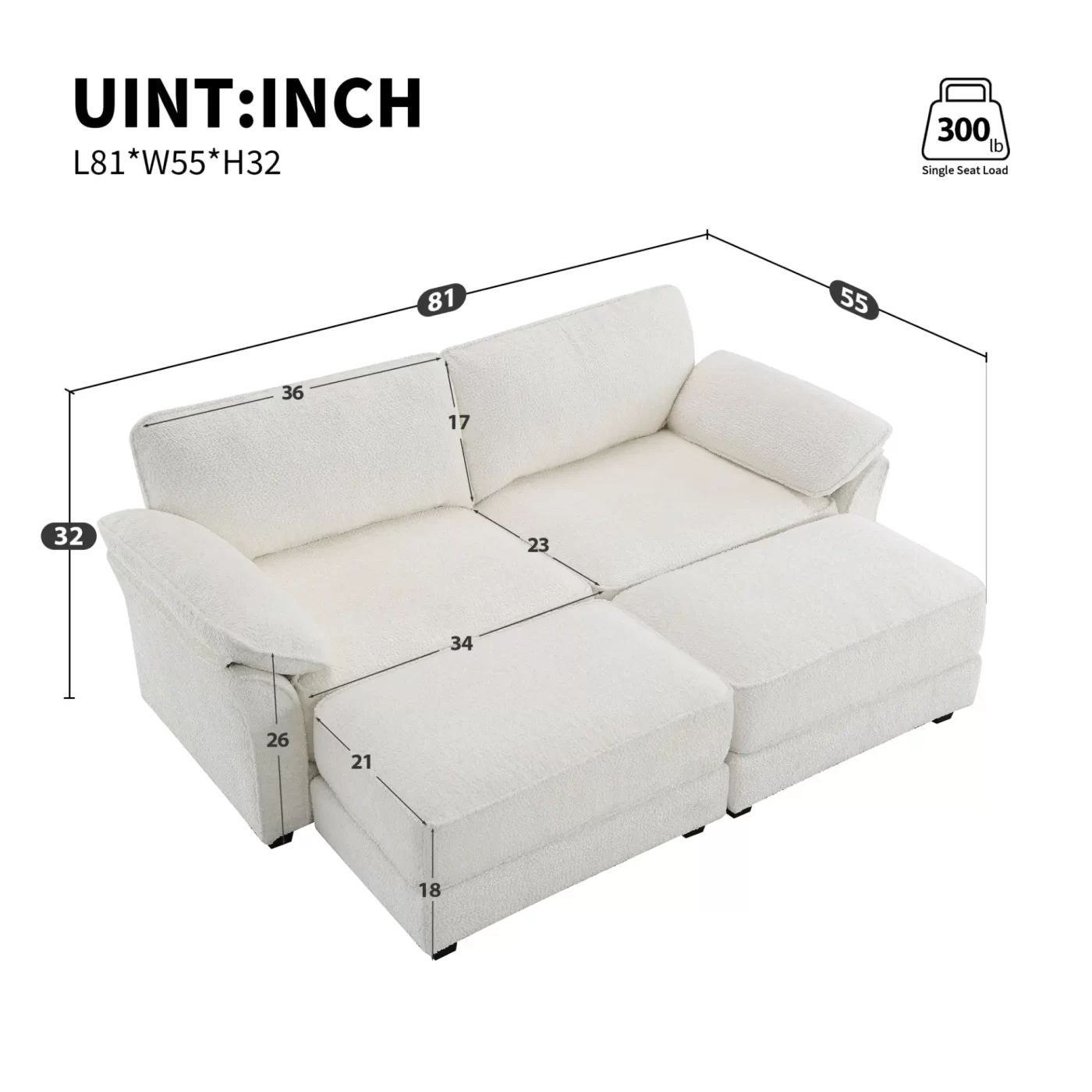 Free Combination Modular Convertible Sectional Sofa Bed Set, 4 Seat Upholstered Sleeper Corner Couch, Deep-Seat Loveseat with Ottoman for Living Room, Office, Apartment,2 Colors