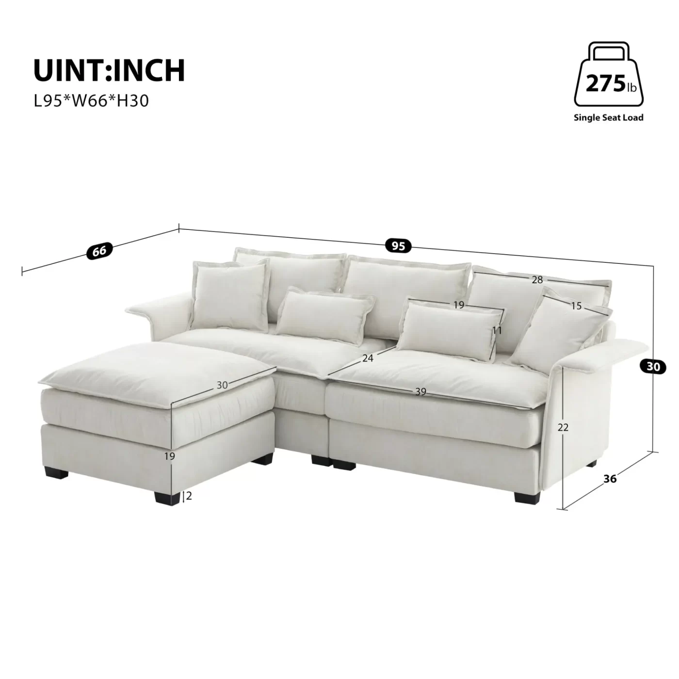 95*66"Oversized Luxury Sectional Sofa with Bentwood Armrests,4 seat Upholstered Indoor Furniture with Double Cushions,L Shape Couch with Ottoman for Living Room,Apartment,3 Colors