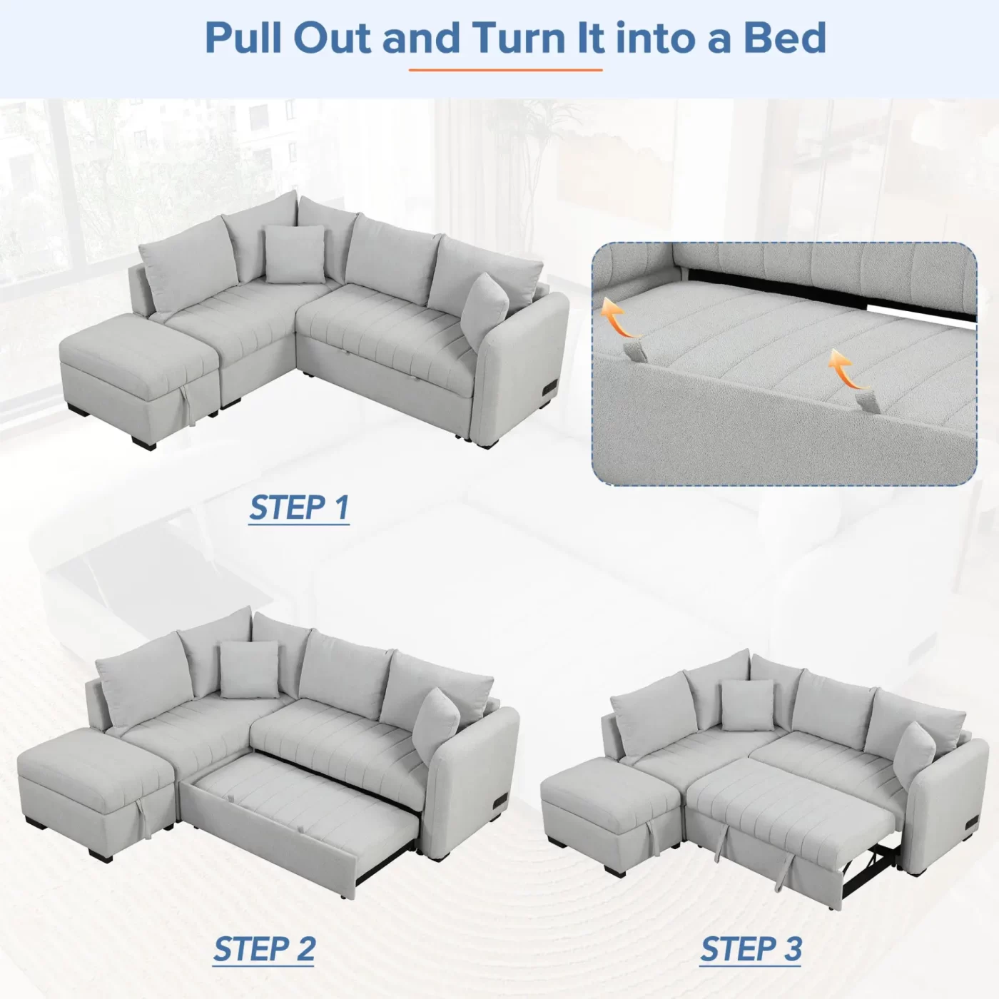 82.6" L-shaped Sectional Pull Out Sofa Bed Sleeper Sofa with Two USB Ports, Two Power Sockets and a Movable Storage Ottoman, Gray