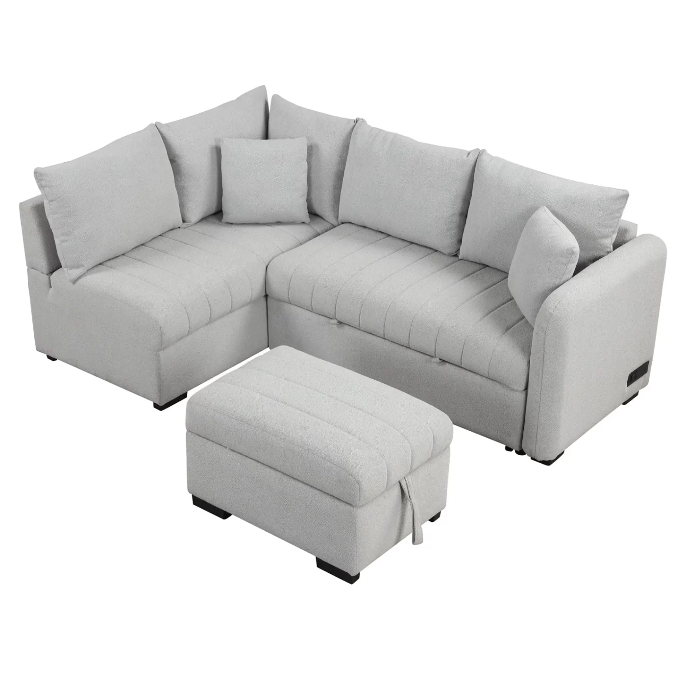 82.6" L-shaped Sectional Pull Out Sofa Bed Sleeper Sofa with Two USB Ports, Two Power Sockets and a Movable Storage Ottoman, Gray