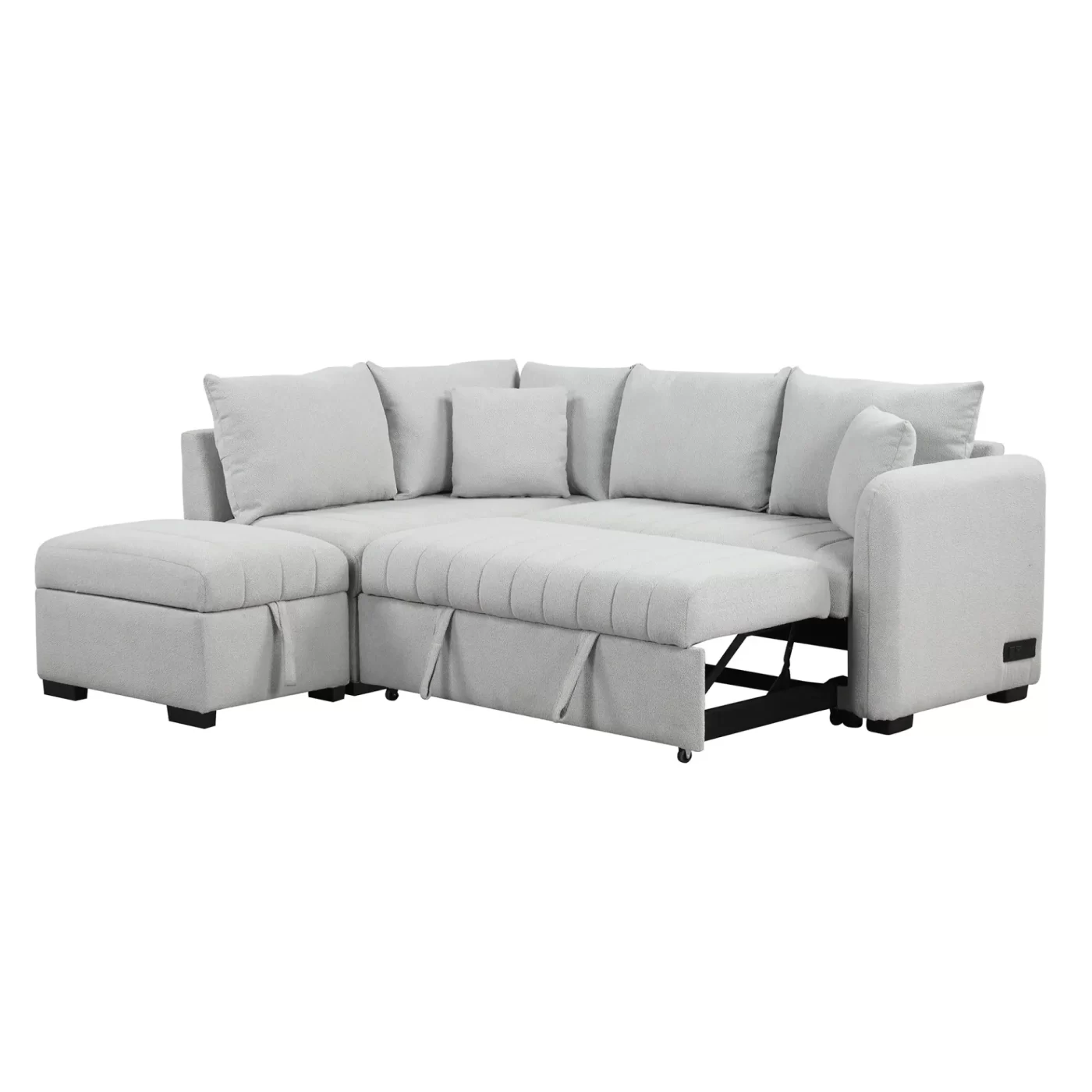 82.6" L-shaped Sectional Pull Out Sofa Bed Sleeper Sofa with Two USB Ports, Two Power Sockets and a Movable Storage Ottoman, Gray