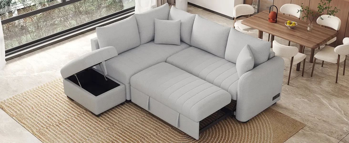82.6" L-shaped Sectional Pull Out Sofa Bed Sleeper Sofa with Two USB Ports, Two Power Sockets and a Movable Storage Ottoman, Gray