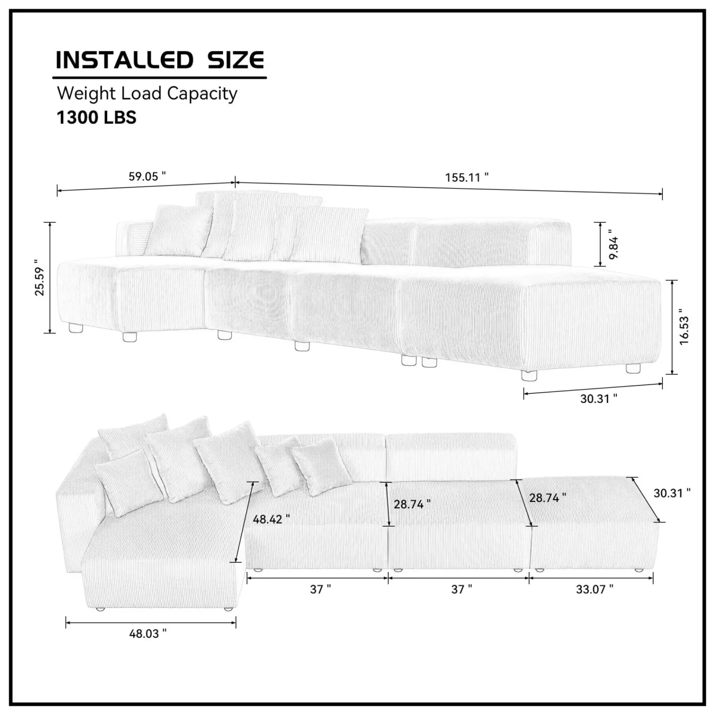 Soft Corduroy Sectional Modular Sofa 4 Piece Set, Small L-Shaped Chaise Couch for Living Room, Apartment, Office, Beige