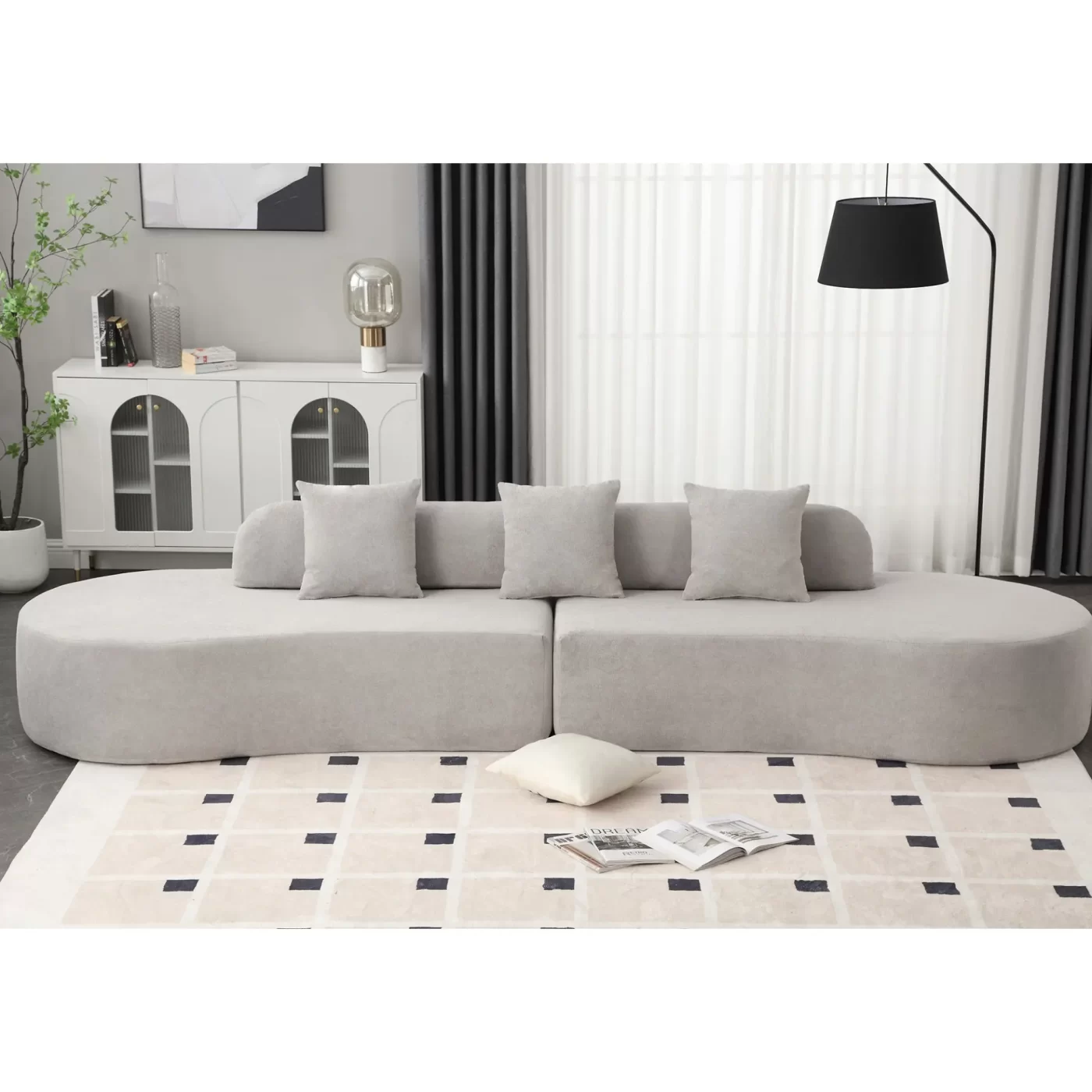 Modern curved combination sofa, terrycloth fabric sofa, minimalist sofa in living room, apartment, no assembly required, three pillows,Gray