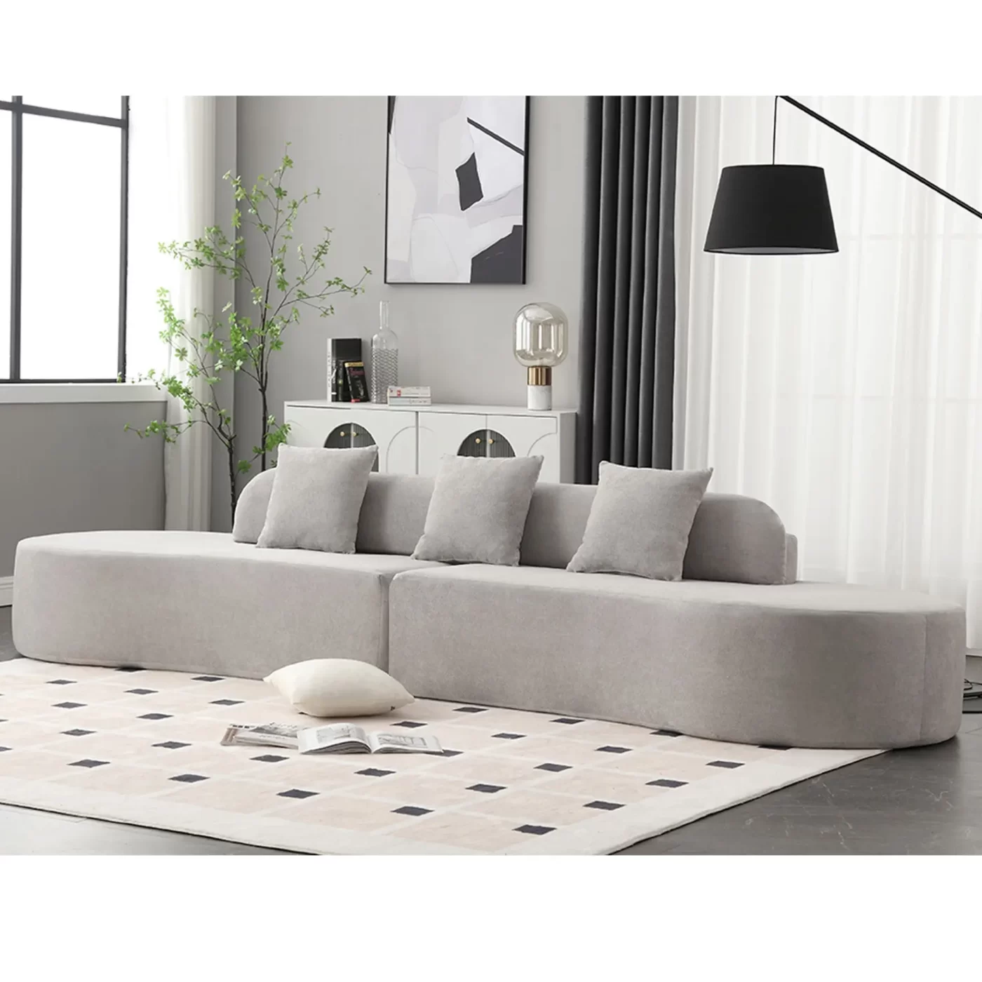 Modern curved combination sofa, terrycloth fabric sofa, minimalist sofa in living room, apartment, no assembly required, three pillows,Gray