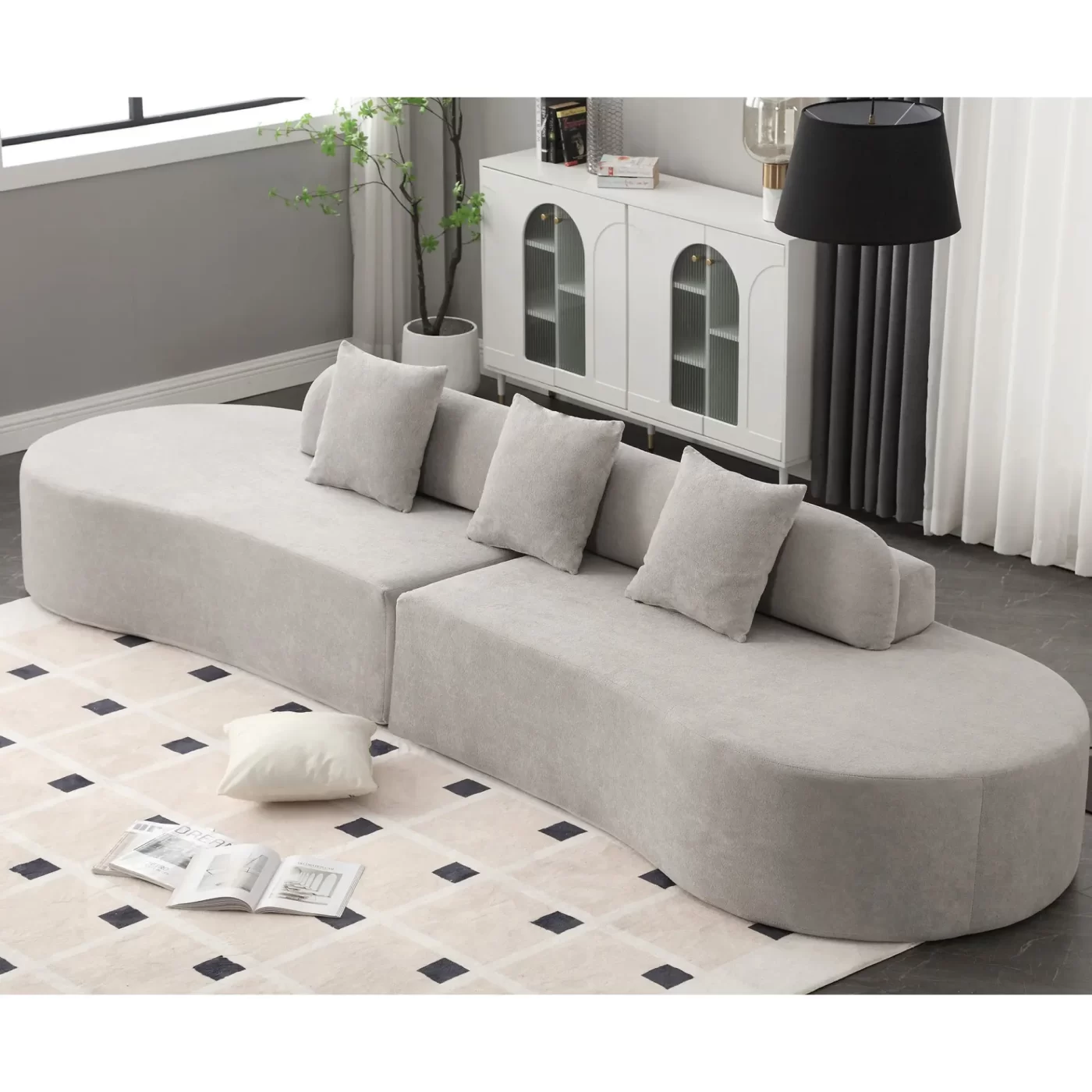 Modern curved combination sofa, terrycloth fabric sofa, minimalist sofa in living room, apartment, no assembly required, three pillows,Gray