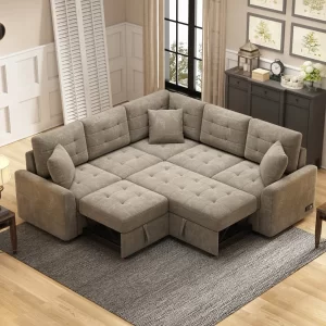 82.6" L-shape Sofa Bed Pull-out Sleeper Sofa with Wheels, USB Ports, Power Sockets for Living Room , Khaki