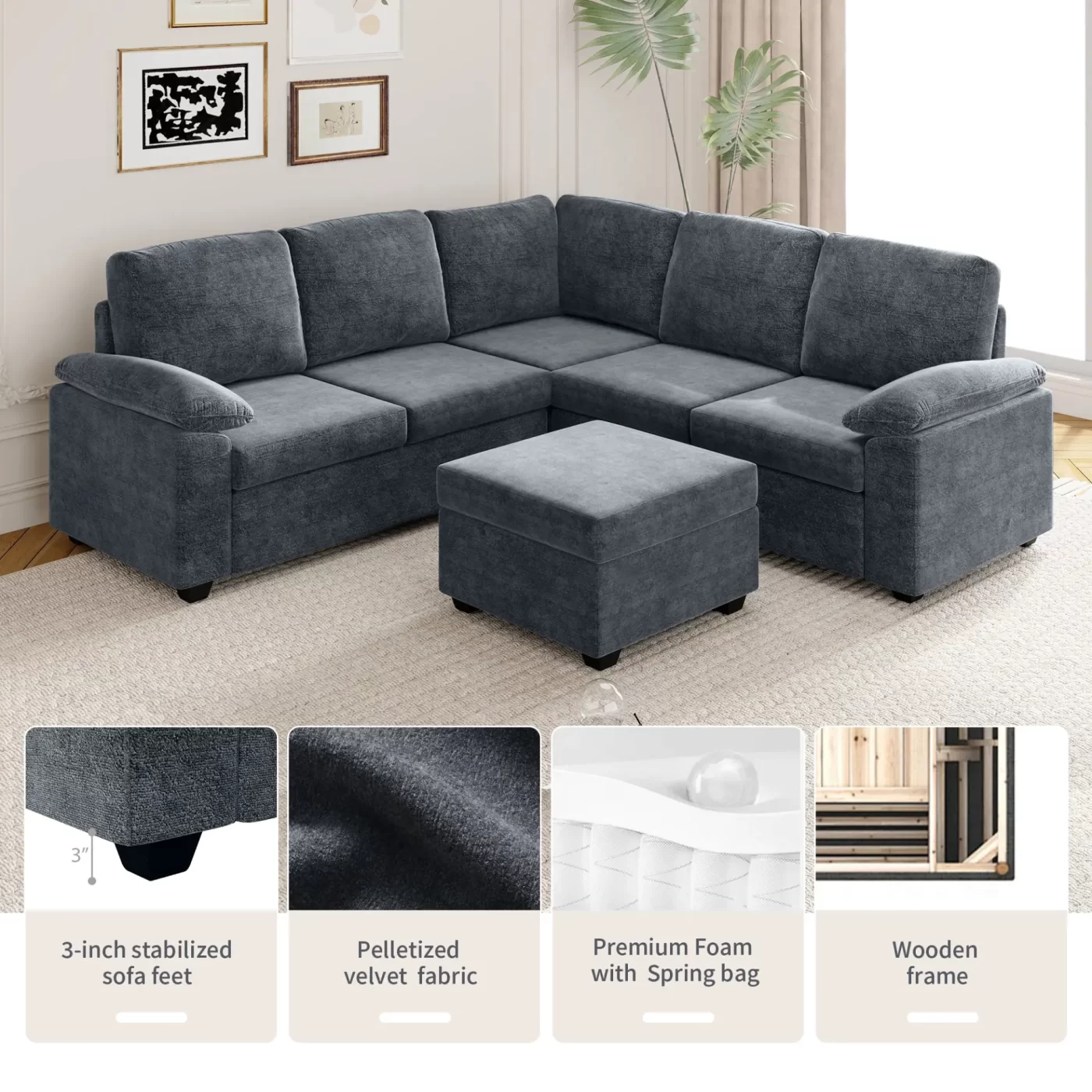 84*84" Modern Velvet Sectional Sofa Set,Large U Shaped Upholstered Corner Couch with Ottoman,Armrest Pillow,6 Seat Indoor Furniture for Living Room,Apartment,Office,2 Colors
