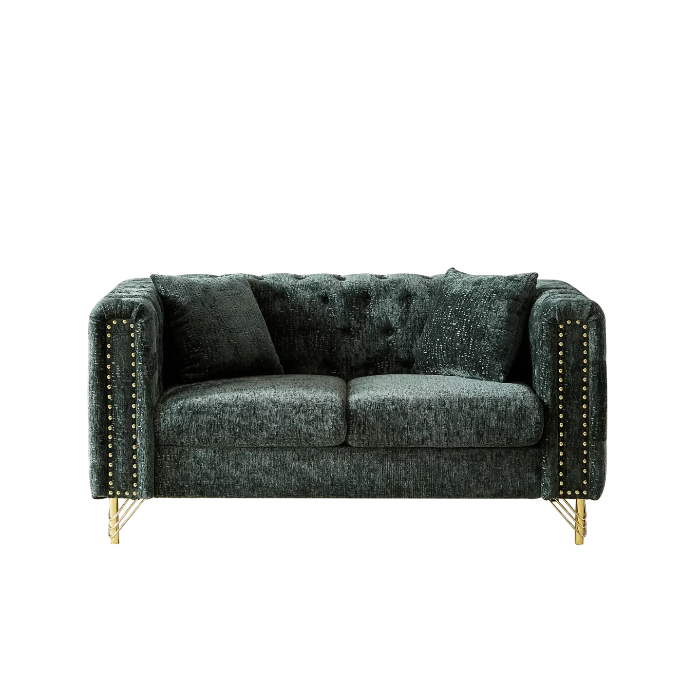 60-Inch Chenille Pull Buckle Design Sofa for Living Room,Buttons Tufted With Copper Nail Decoration Armrest, Modern Couch Upholstered Button And Metal Legs