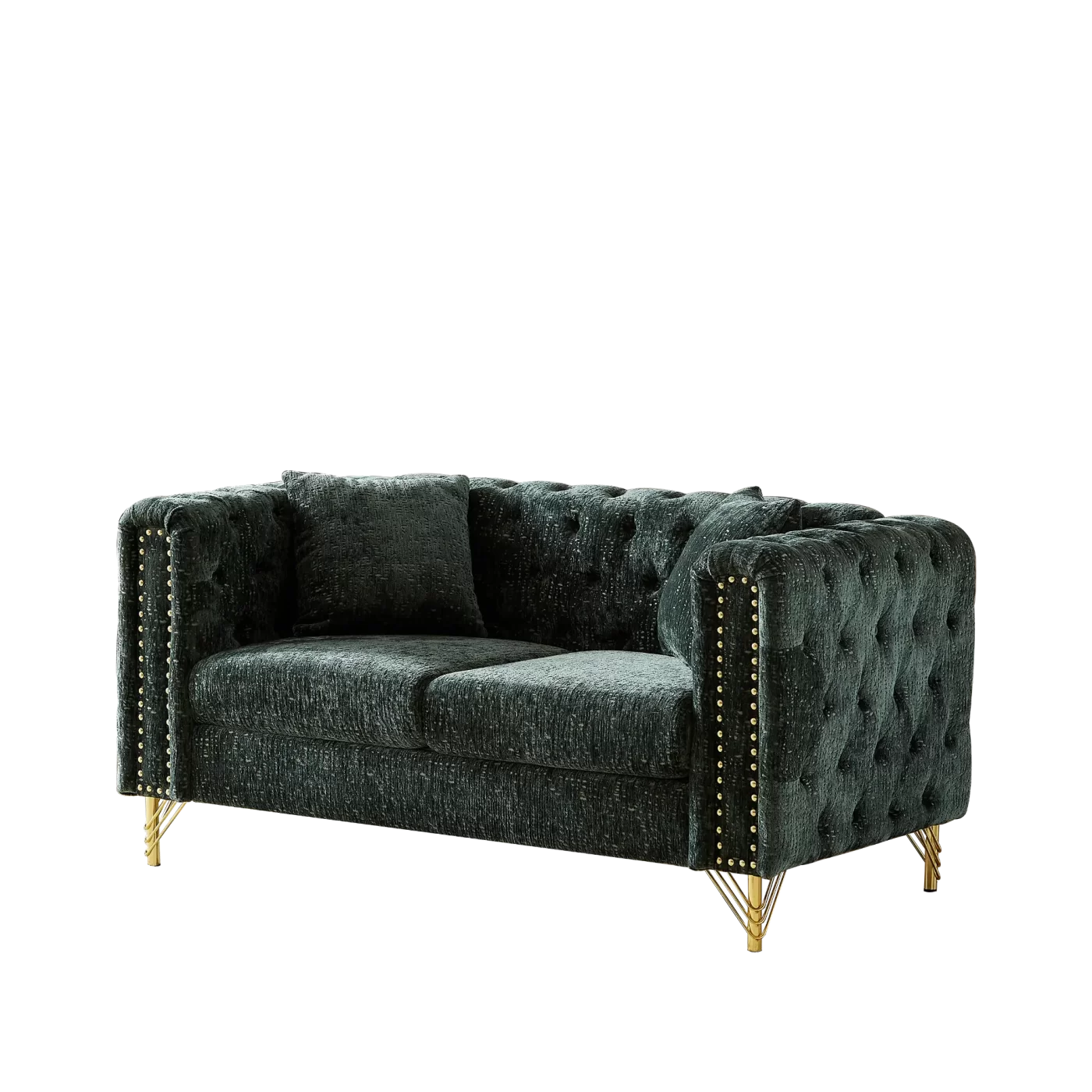 60-Inch Chenille Pull Buckle Design Sofa for Living Room,Buttons Tufted With Copper Nail Decoration Armrest, Modern Couch Upholstered Button And Metal Legs