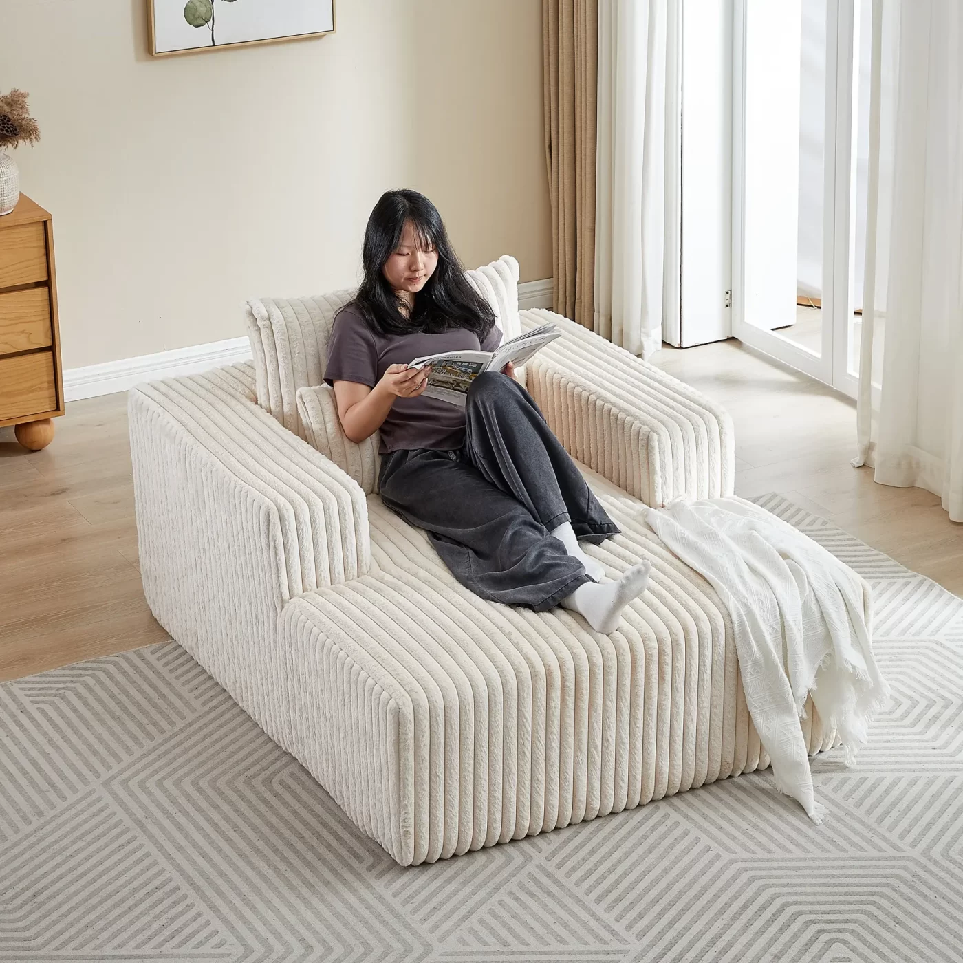 62.5-Inch Corduroy Sponge Sofa Lounge Chair,No Assembly Required,Fluffy Modern Sleeper Chair for Indoor Living Room Bedroom