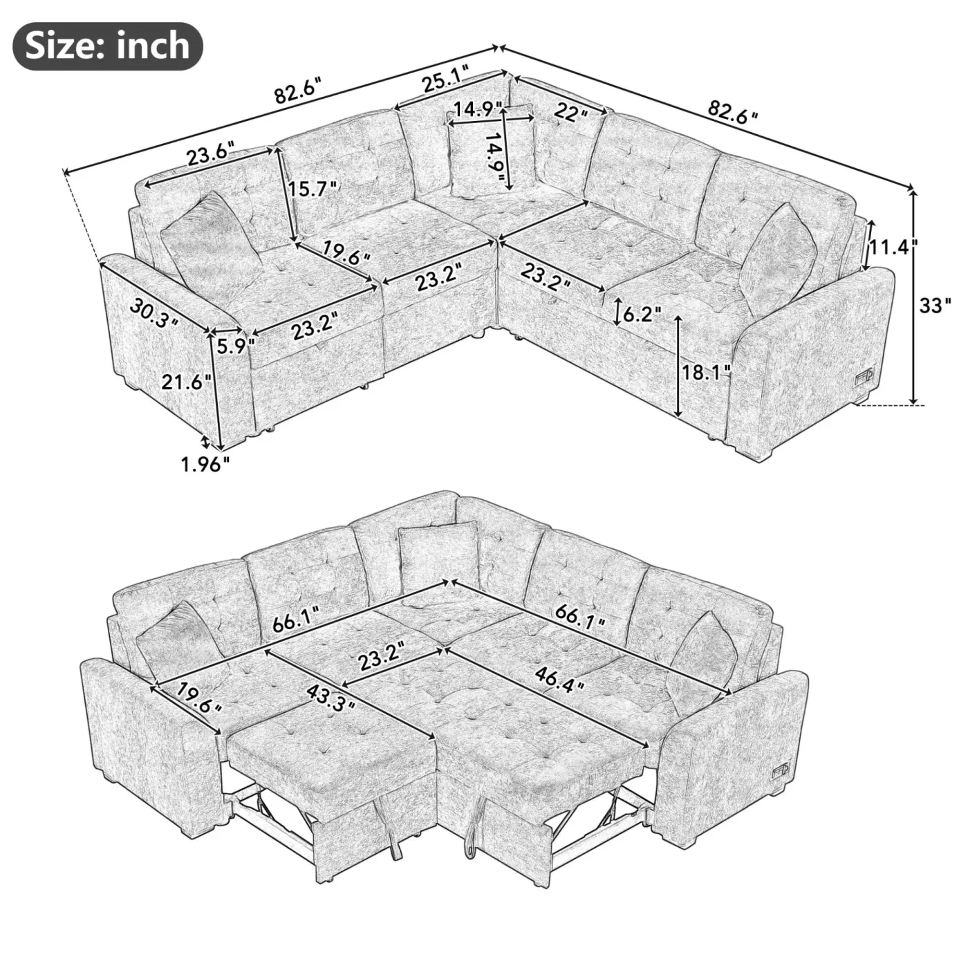 82.6" L-shape Sofa Bed Pull-out Sleeper Sofa with Wheels, USB Ports, Power Sockets for Living Room , Khaki