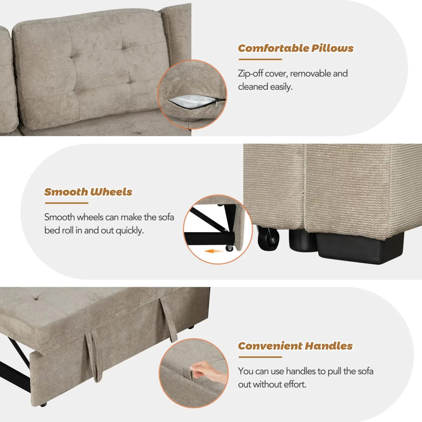 82.6" L-shape Sofa Bed Pull-out Sleeper Sofa with Wheels, USB Ports, Power Sockets for Living Room , Khaki