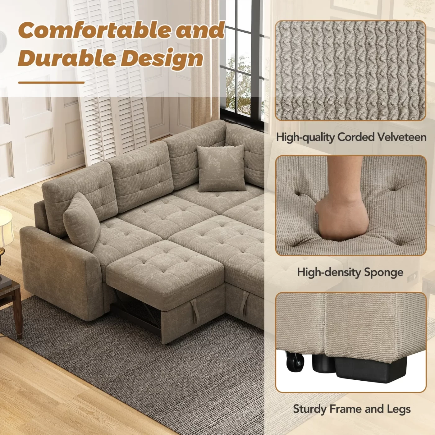 82.6" L-shape Sofa Bed Pull-out Sleeper Sofa with Wheels, USB Ports, Power Sockets for Living Room , Khaki