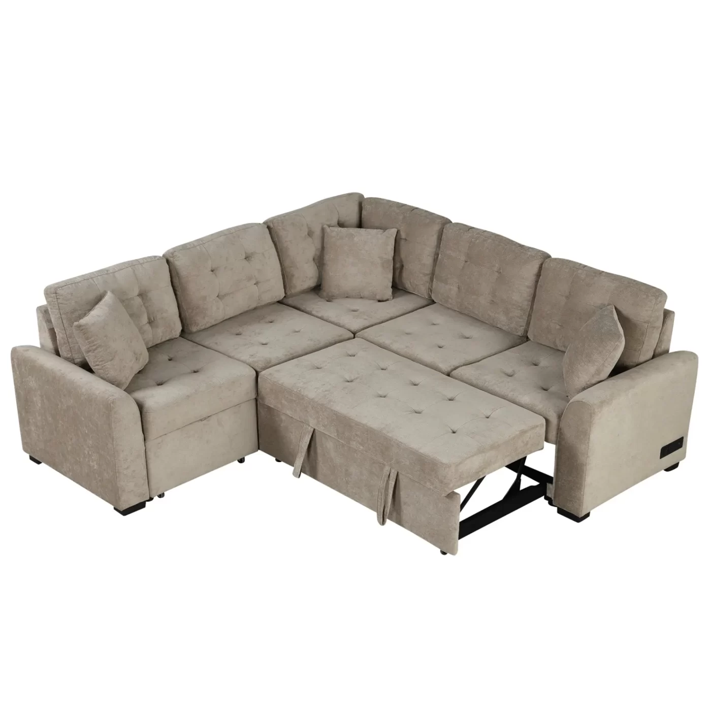 82.6" L-shape Sofa Bed Pull-out Sleeper Sofa with Wheels, USB Ports, Power Sockets for Living Room , Khaki