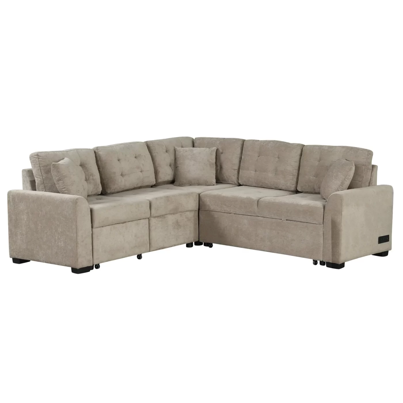 82.6" L-shape Sofa Bed Pull-out Sleeper Sofa with Wheels, USB Ports, Power Sockets for Living Room , Khaki