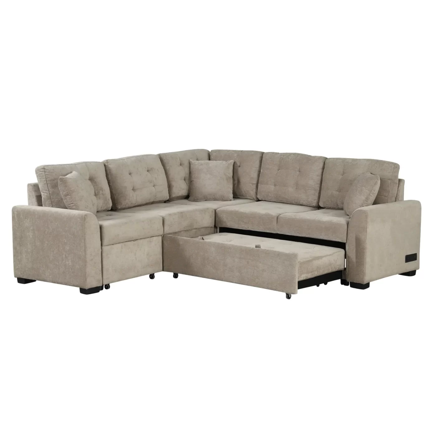 82.6" L-shape Sofa Bed Pull-out Sleeper Sofa with Wheels, USB Ports, Power Sockets for Living Room , Khaki