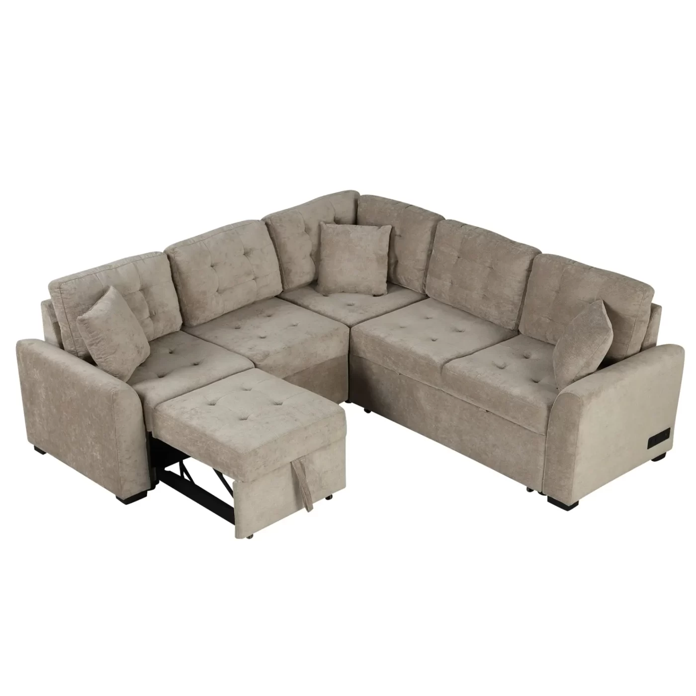 82.6" L-shape Sofa Bed Pull-out Sleeper Sofa with Wheels, USB Ports, Power Sockets for Living Room , Khaki