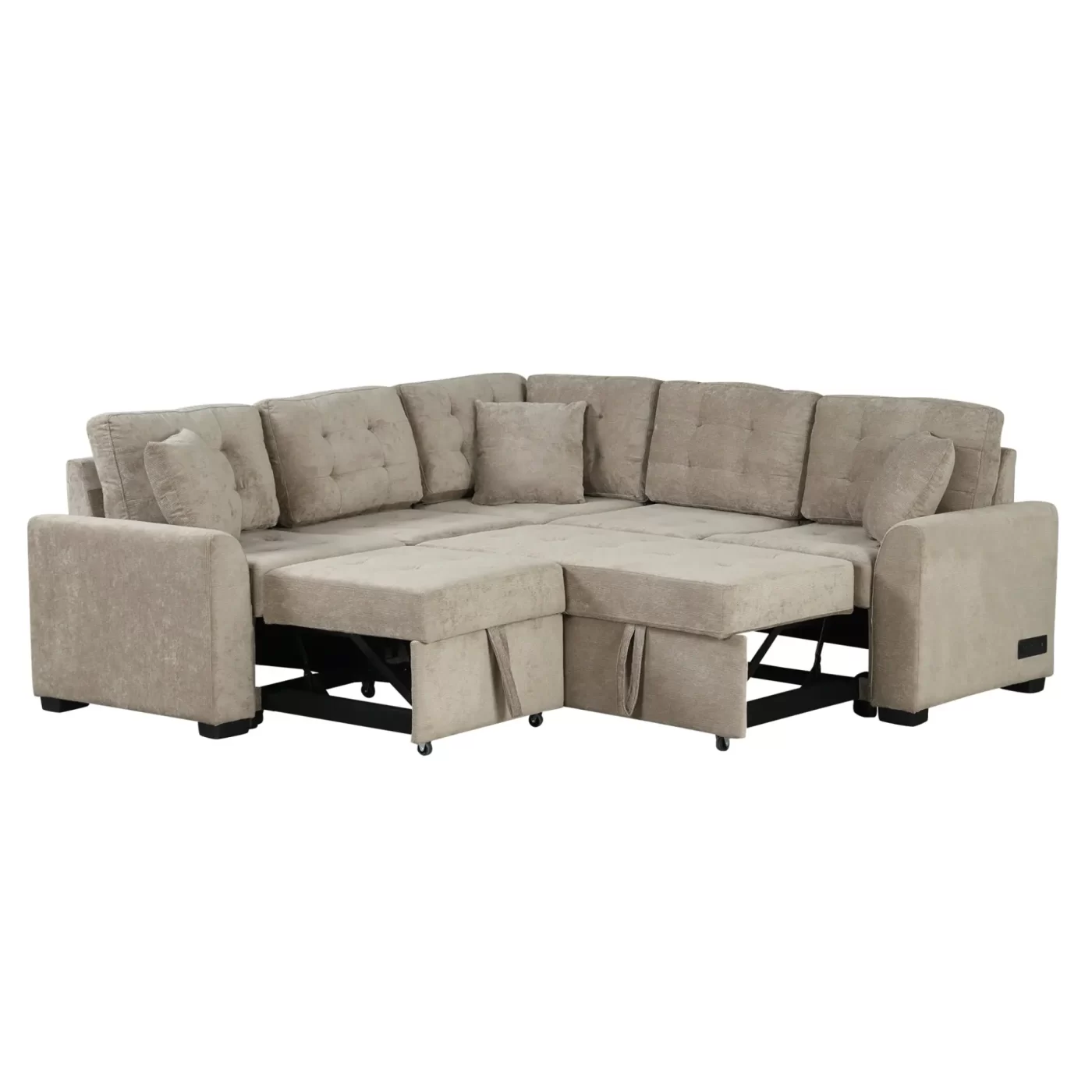 82.6" L-shape Sofa Bed Pull-out Sleeper Sofa with Wheels, USB Ports, Power Sockets for Living Room , Khaki