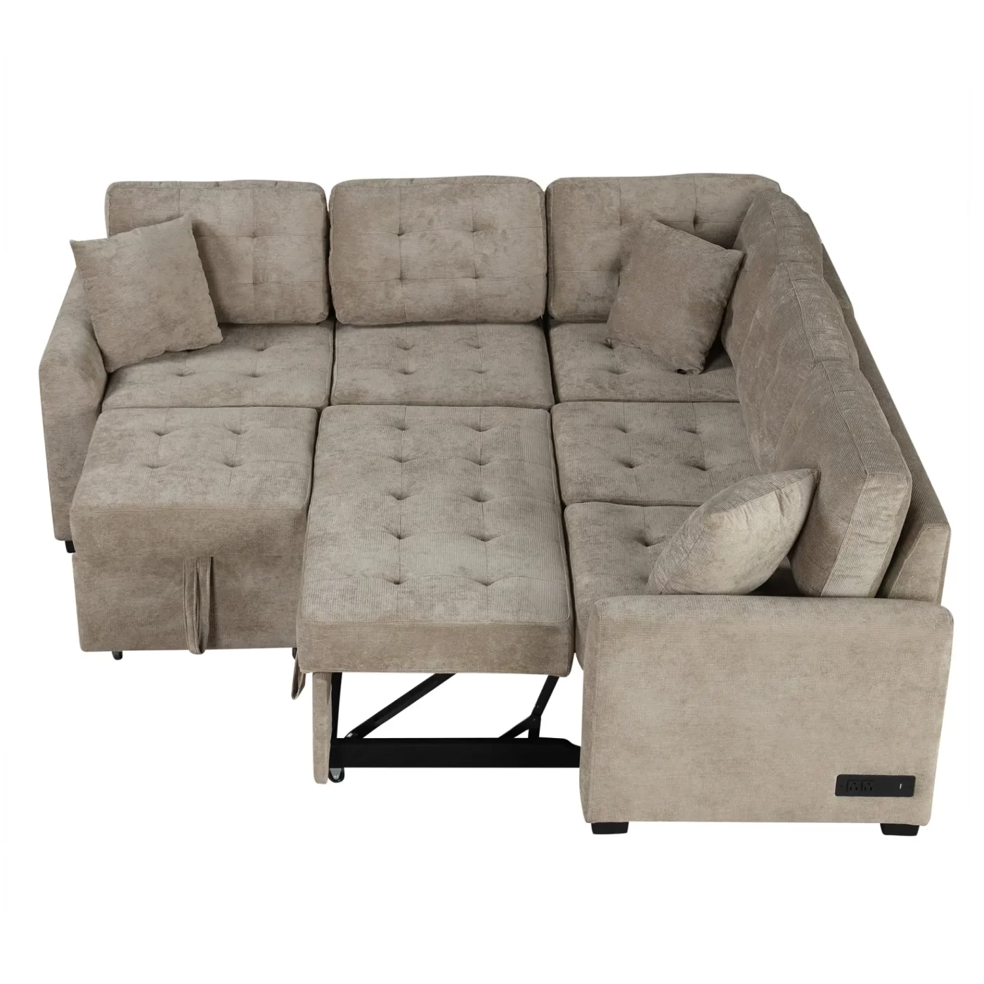 82.6" L-shape Sofa Bed Pull-out Sleeper Sofa with Wheels, USB Ports, Power Sockets for Living Room , Khaki