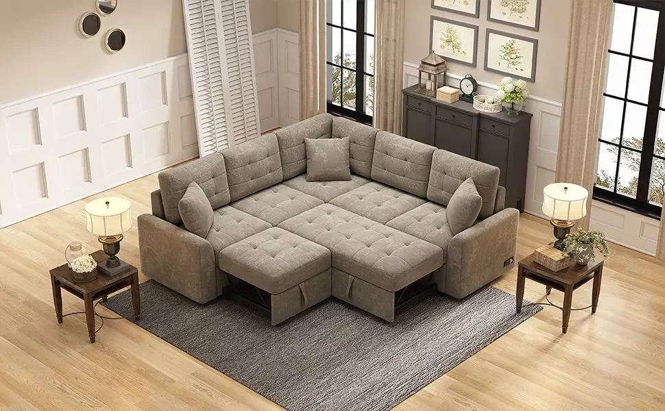 82.6" L-shape Sofa Bed Pull-out Sleeper Sofa with Wheels, USB Ports, Power Sockets for Living Room , Khaki