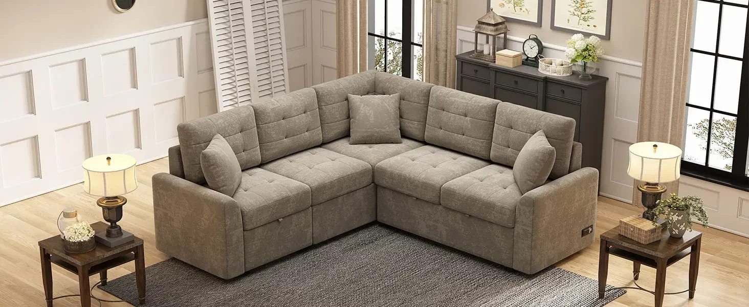 82.6" L-shape Sofa Bed Pull-out Sleeper Sofa with Wheels, USB Ports, Power Sockets for Living Room , Khaki