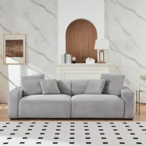 104.72-inch 4-seat large sofa with 4 throw pillows, living room sofa in comfortable corduroy grey fabric