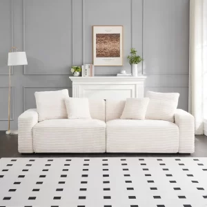 104.72-inch 4-seat large sofa with 4 throw pillows, living room sofa beige corduroy fabric