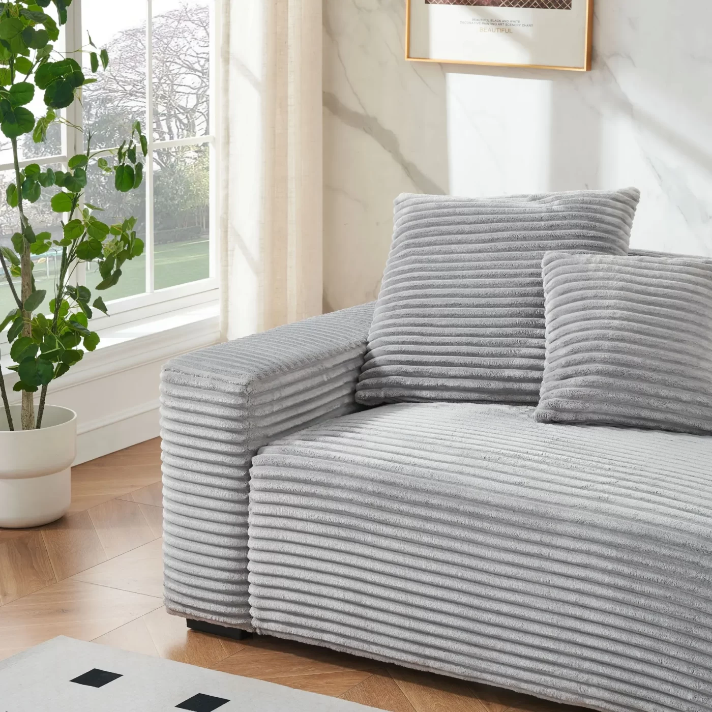 104.72-inch 4-seat large sofa with 4 throw pillows, living room sofa in comfortable corduroy grey fabric