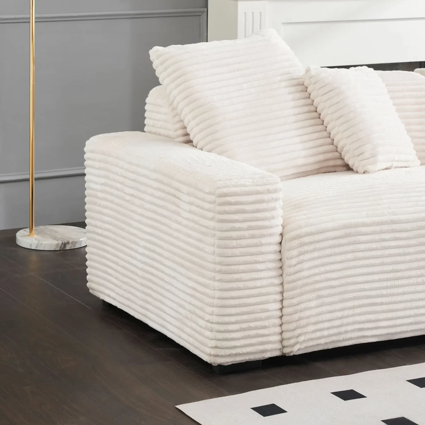 104.72-inch 4-seat large sofa with 4 throw pillows, living room sofa beige corduroy fabric