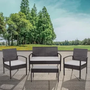 4 Piece Black Patio Set with Steel Frame and Gray Cushions