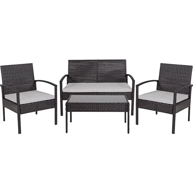 4 Piece Black Patio Set with Steel Frame and Gray Cushions
